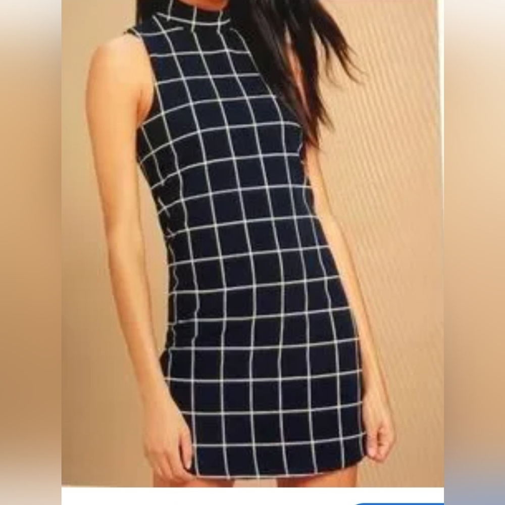 LULUS size L Dark Blue and White Checkered Midi Elegant Formal Dress - Picture 3 of 16